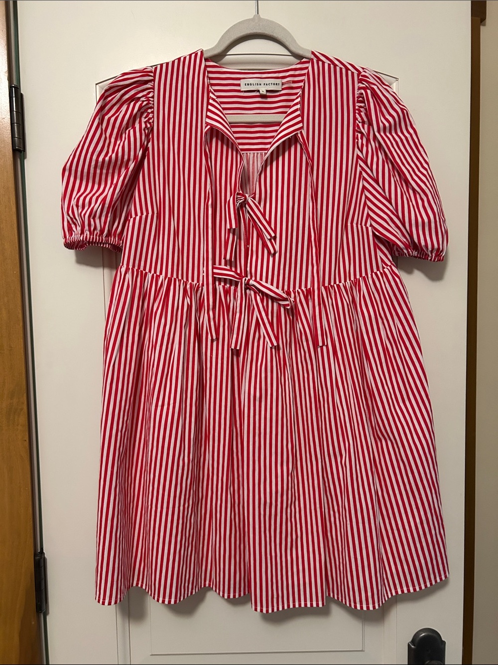 English Factory Red & White Tie-Front Striped Dress